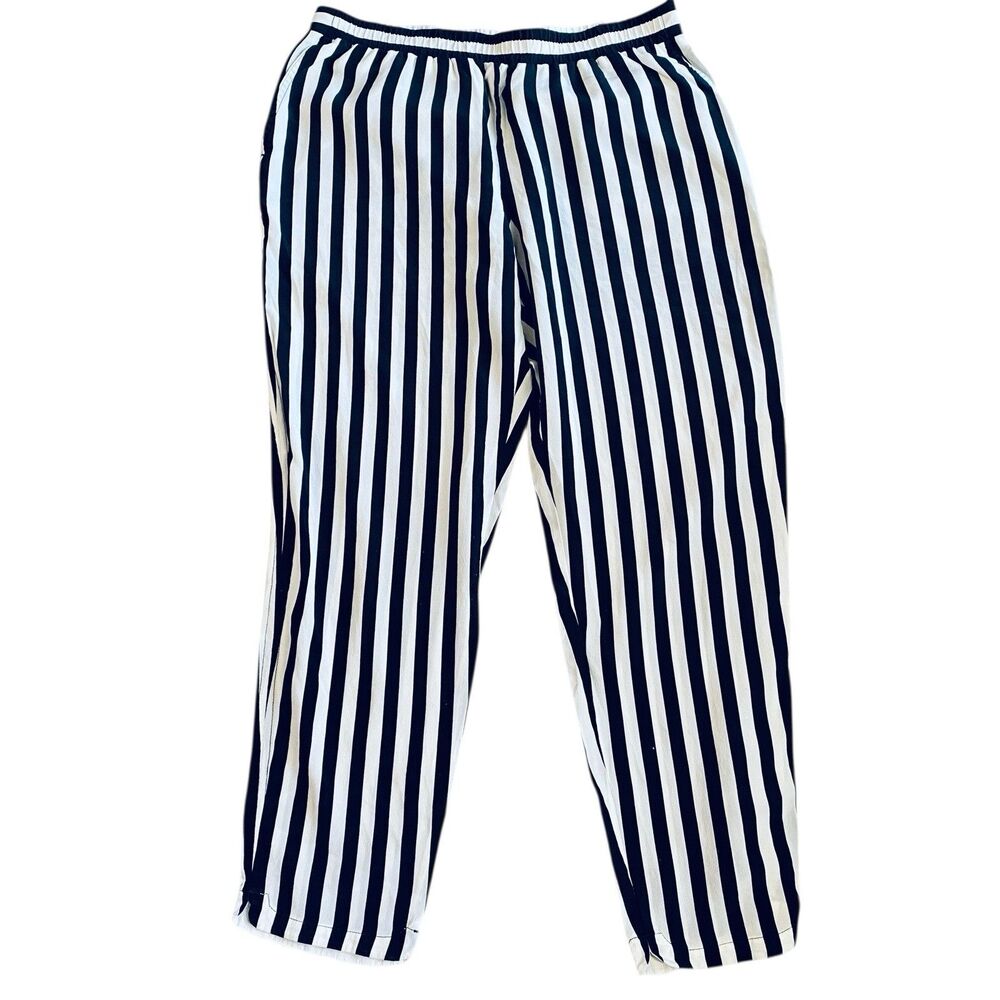 Club Monaco 100% Silk Black/White Striped Cropped Pull On Pants Pockets Size 2